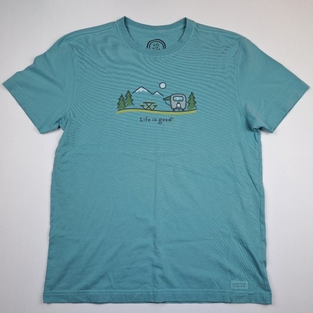 Life Is Good Mens Tshirt Green M Camper Camping Trailer Picnic